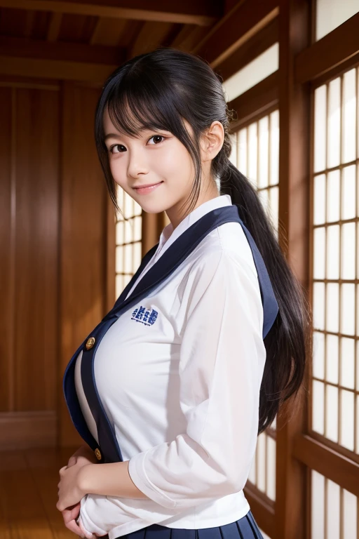女のChild1人,beautiful, 18-year-old,Masterpiece, Highest quality, Matsushima Na々Child,solo, High resolution, smile, Black Hair, Gaze, Long Hair, Super big breasts,The best goddess in Japan,slender,Kubire in the lower back,School,Kendo Hall,Kendo uniform,ponytail