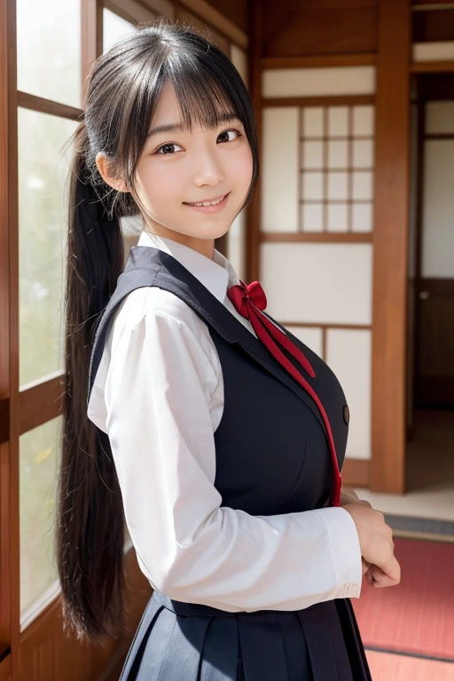女のChild1人,beautiful, 18-year-old,Masterpiece, Highest quality, Matsushima Na々Child,solo, High resolution, smile, Black Hair, Gaze, Long Hair, Super big breasts,The best goddess in Japan,slender,Kubire in the lower back,School,Kendo Hall,Kendo uniform,ponytail