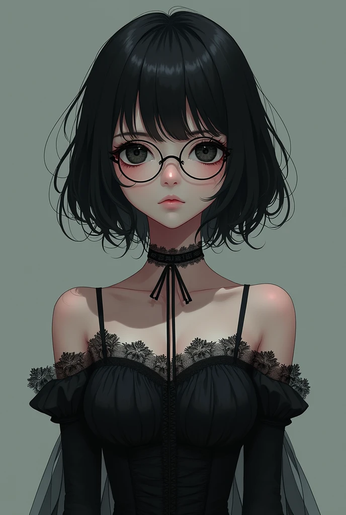 an anime girl with a himecut and black eyes with round glasses wearing a goth dress