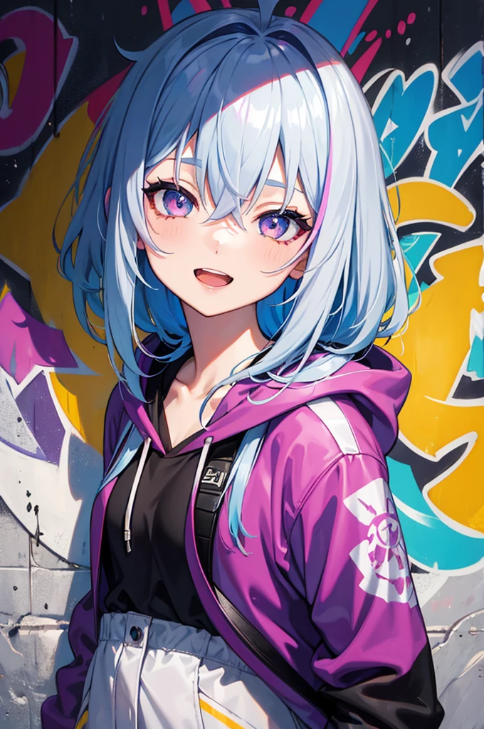 masterpiece, high quality, highres, absurdres, ultra-detailed, 8k, 1girl, platinum grey hair, blue hair, multicolored hair, gradient hair, looking at viewer, colorful eyes, colorful hoodie, (graffiti murals wall background:1.15), brilliant colorful paintings, bloom, portrait, open mouth, waist bag, against wall, bangs, shadow, reflection, Graffiti face, colourful eyes, open mouth, yandere expression, smile, look at viewer