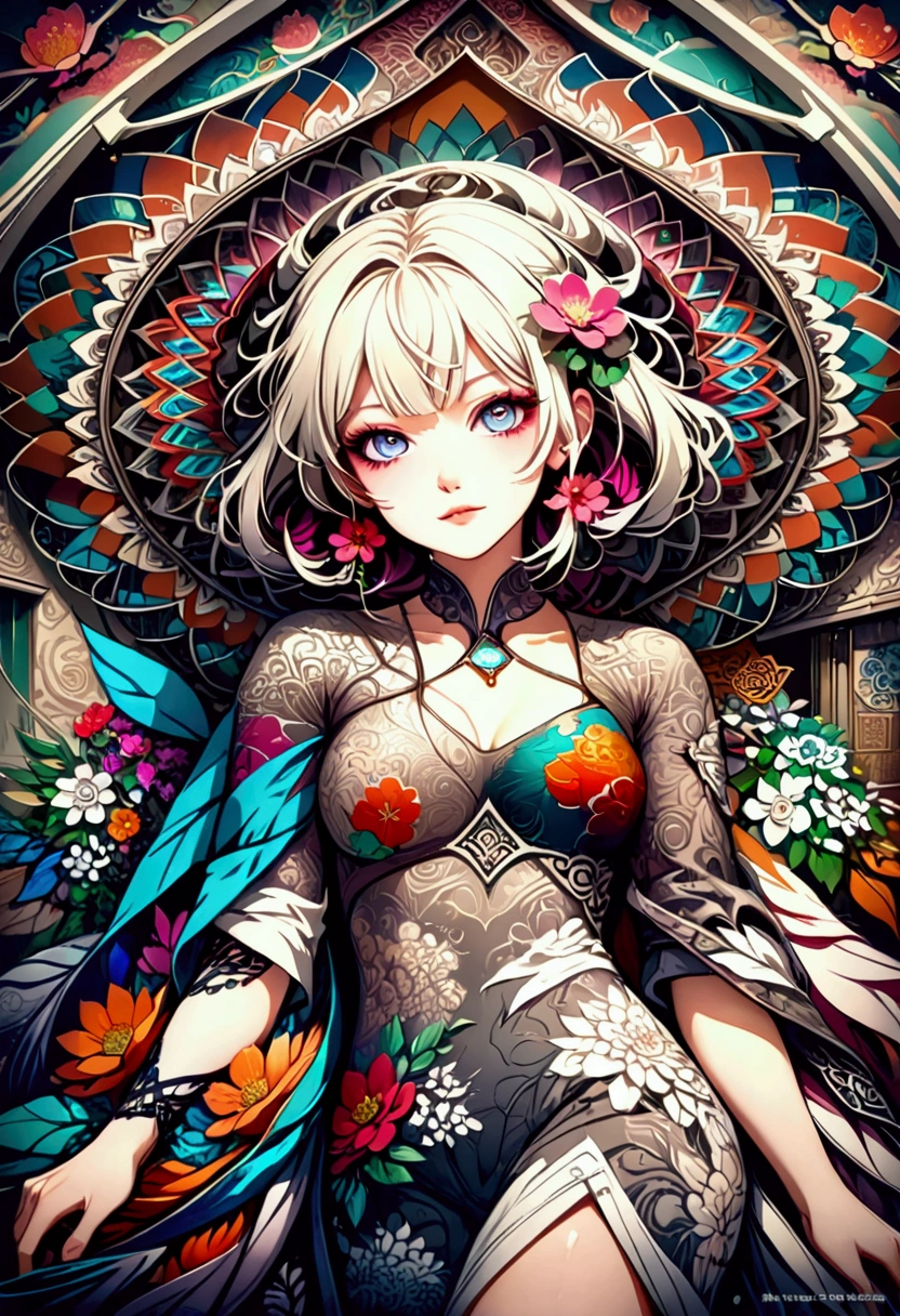 Realistic,High resolution, Highest quality,Official Art, colorful, Very detailed, Official Art, unity 8k wallpaper, Very detailed, beautiful and aesthetic, beautiful, masterpiece, Highest quality, (zenTangle, Mandala, Tangle, enTangle), (Flower Ecstasy:1.2) Dynamic Angle, Cowboy Shot, the most beautiful form of chaos, elegant, Brutalist Design, Vibrant colors, Romanticism, Atmospheric Information,From the side,mystery
