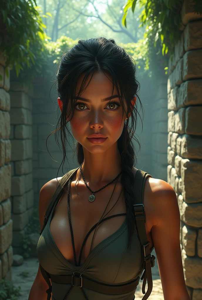 An adventurous scene unfolds as Lara Croft, the iconic Tomb Raider,  captured exploring the mysterious and ancient Mayan ruins. The scene  bathed in vibrant colors, capturing the essence of the exotic location.

To ensure the highest quality and level of detail, the prompt should begin with "(best quality, 4k, 8k, highres, masterpiece:1.2), ultra-detailed, (realistic, photorealistic, photo-realistic:1.37)," emphasizing the desire for a visually stunning and realistic representation of the scene. 

Lara Croft  prominently featured as the central focus of the artwork, capturing her strong and determined character. Her piercing and mesmerizing gaze  described as "intense, focused eyes," drawing attention to her beautiful and detailed eyes. Her facial features, including "well-defined nose" and "full lips," are highlighted to ensure accuracy and avoid any unintentional distortions.

The ruins themselves are depicted with grandeur and allure. The prompt should include tags to describe the textures and materials used, such as "ancient stone structures" and "vividly weathered walls." The scene should be flooded with an enchanting, natural light, casting intriguing shadows and illuminating intricate carvings and hieroglyphics.

Incorporate various additional details to enhance the depth and atmosphere of the artwork, such as "dense jungle foliage," "dripping moss," or "glimmers of hidden treasure." These additional details will enrich the overall composition, offering a sense of intrigue and discovery. 

To align with the adventurous spirit of Tomb Raider, the prompt could encompass an artistic style that imbues a sense of realism and wonder. Consider adding the tag "semi-realistic" ontastical realism" to convey a balance between reality and the magical elements present in the scene.

Choose a color palette that complements the environment and the character of Lara Croft. Color tags such as "earthy tones," "rich greens," or "sun-kissed hues" will contribute to the immersive