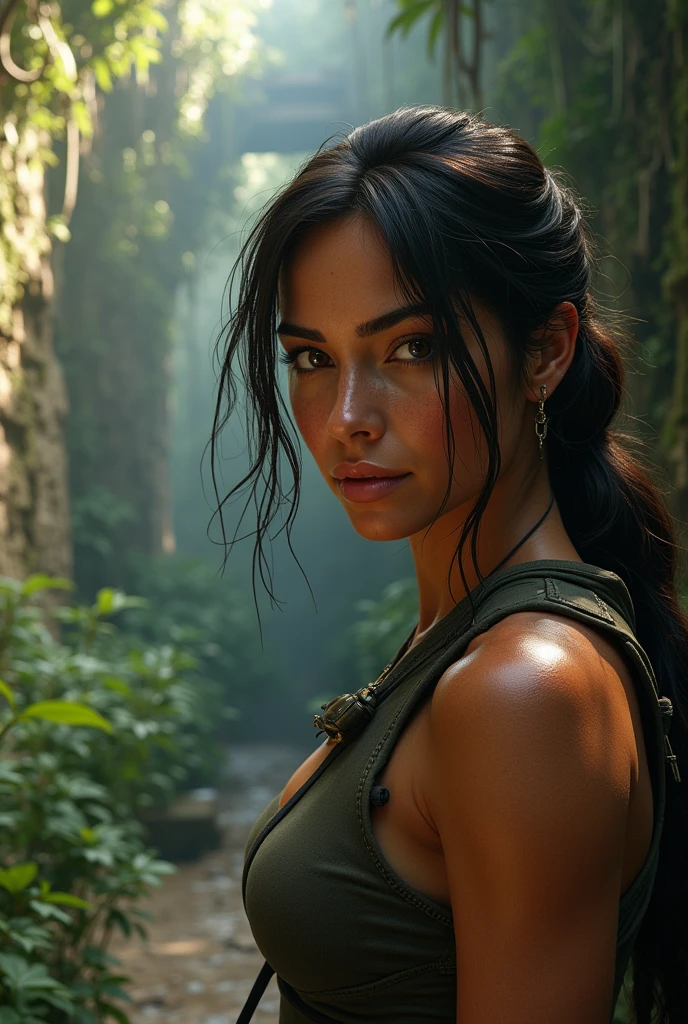 An adventurous scene unfolds as Lara Croft, the iconic Tomb Raider, captured exploring the mysterious and ancient Mayan ruins. The scene bathed in vibrant colors, capturing the essence of the exotic location.
To ensure the highest quality and level of detail, the prompt should begin with "(best quality, 4k, 8k, highres, masterpiece:1.2), ultra-detailed, (realistic, photorealistic, photo-realistic:1.37)," emphasizing the desire for a visually stunning and realistic representation of the scene.
Lara Croft prominently featured as the central focus of the artwork, capturing her strong and determined character. Her piercing and mesmerizing gaze described as "intense, focused eyes," drawing attention to her beautiful and detailed eyes. Her facial features, including "well-defined nose" and "full lips," are highlighted to ensure accuracy and avoid any unintentional distortions.
The ruins themselves are depicted with grandeur and allure. The prompt should include tags to describe the textures and materials used, such as "ancient stone structures" and "vividly weathered walls." The scene should be flooded with an enchanting, natural light, casting intriguing shadows and illuminating intricate carvings and hieroglyphics.
Incorporate various additional details to enhance the depth and atmosphere of the artwork, such as "dense jungle foliage," "dripping moss," or "glimmers of hidden treasure." These additional details will enrich the overall composition, offering a sense of intrigue and discovery.
To align with the adventurous spirit of Tomb Raider, the prompt could encompass an artistic style that imbues a sense of realism and wonder. Consider adding the tag "semi-realistic" ontastical realism" to convey a balance between reality and the magical elements present in the scene.
Choose a color palette that complements the environment and the character of Lara Croft. Color tags such as "earthy tones," "rich greens," or "sun-kissed hues" will contribute to the immersive
