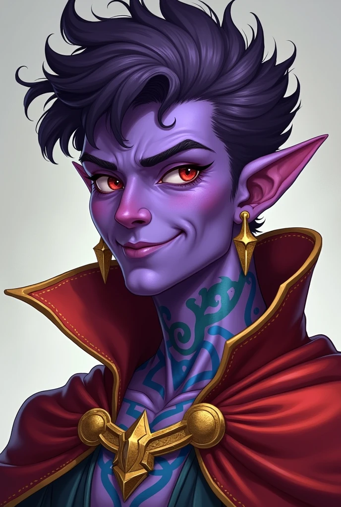 Dnd tiefling with purple skin. He has short, curly, dark purple hair. His eyes are red and he has a smirk on his face. He is wearing a colorful cape and has golden earrings. His neck is covered in blue and green tattoos. Illustration