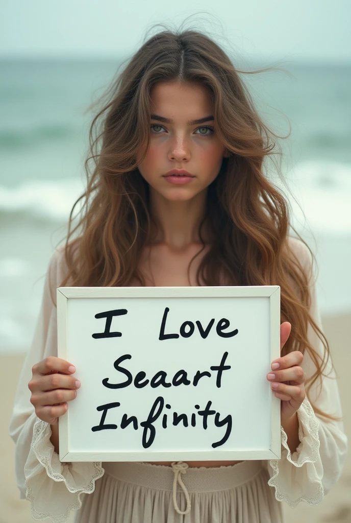 Beautiful girl with wavy long hair, bohemian dress, holding a white board with text "I Love Seaart Infinity" and showing it to the viewer