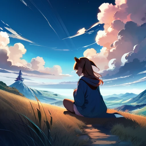anime landscape of a girl&cute corgidog sitting on a hill with grasses with dark blue clouds, blue cere madder sky lightly big bell with few clouds, anime nature wallpapers, beautiful anime scene, beautiful anime peace scene, Makoto Shinkai Cyril Rolando, beautiful scene of anime, amazing wallpaper, anime art wallpaper 8k, anime background, art anime background, anime 4k wallpaper, anime art 4k wallpaper, anime art 4k wallpaper, prayer of requiem prayer of requiem