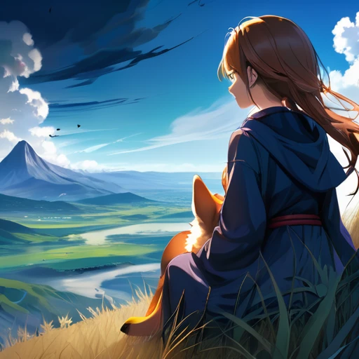 anime landscape of a girl&cute corgidog sitting on a hill with grasses with dark blue clouds, blue cere madder sky lightly big bell with few clouds, anime nature wallpapers, beautiful anime scene, beautiful anime peace scene, Makoto Shinkai Cyril Rolando, beautiful scene of anime, amazing wallpaper, anime art wallpaper 8k, anime background, art anime background, anime 4k wallpaper, anime art 4k wallpaper, anime art 4k wallpaper, prayer of requiem prayer of requiem