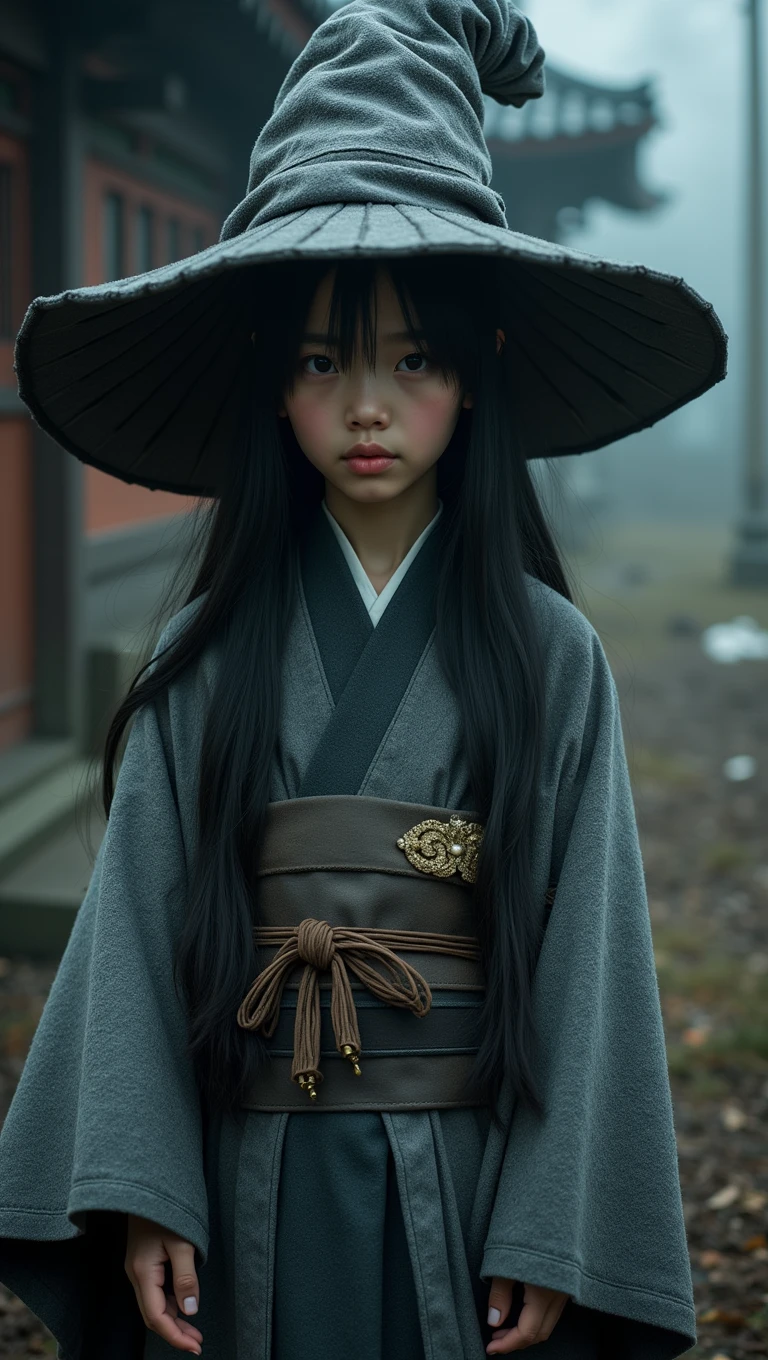 a young Japanese witch , wearing a gray cloak mixed with kimono and a gray and black pointed witch hat. Behind her is a post-apocalyptic world with a dark fog.