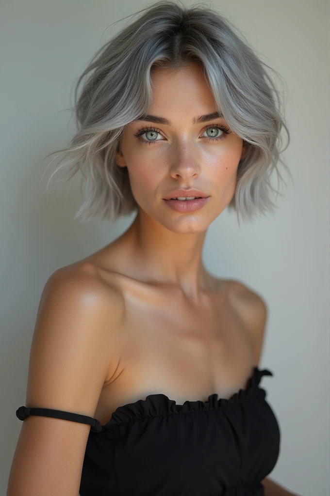Create the rest of a very beautiful 25 year old slim woman model with short gray hair on a solid background