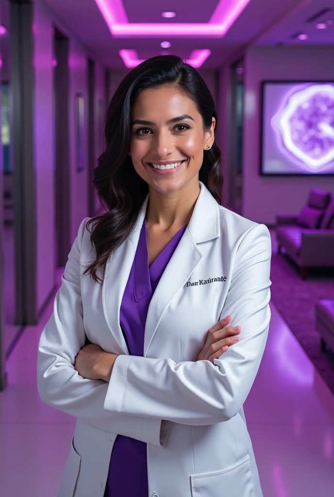 Create an advertisement with a real image, opening of Neurosurgery office, using the color purple in different shades and a photo of Dr.. Diana Paz Hernández with her name highlighted