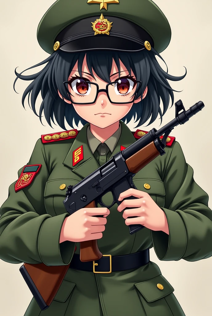 anime girl, short black hair with bangs, big tights, small waist, with glasses, wearing a soviet uniform ,holding a gun
