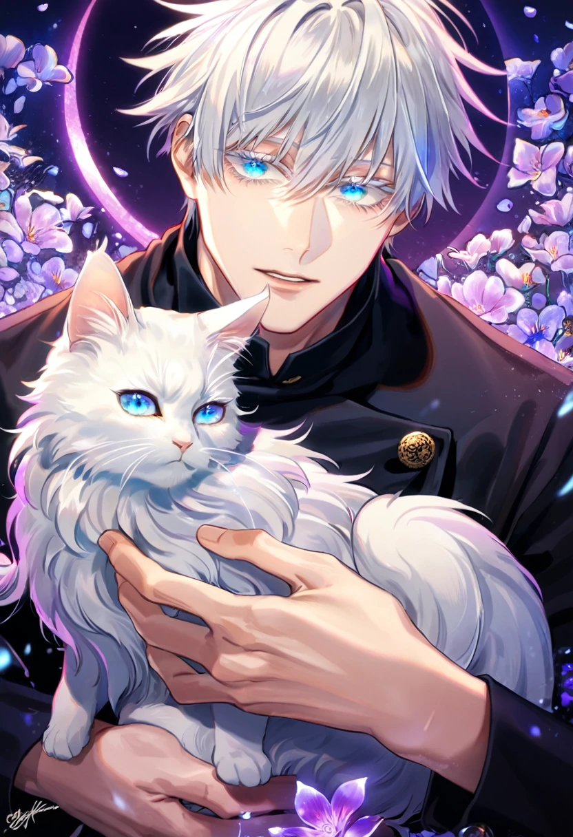 absurdres, highres, ultra detailed, HDR, master piece, Gojou Satoru, white hair with bangs, expressive blue eyes, white eyelashes, black clothes, Jujutsu Kaisen, holding a white fluffy cat, sexy man, handsome, best quality, purple glittering crescent moon, purple flowers, fantasy, magical, solo, water, purple shining fireflies, purple petals, purple fire, sensual, horny,