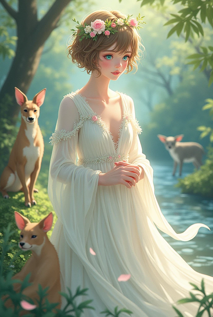 A man god with pretty wavy short hair with flower crown with long white dress pink cheeks rosy lips and blue green eyes with brunette hair talking to animals crying in the river short hair anime