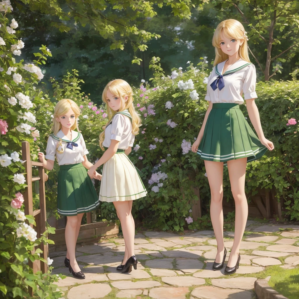 3 girls, long hair, Big , Blushing, blond, Green-eyed sailor suit short skirt 1933 style cute and beautiful girl 18 years old in the garden beautiful long legs high resolution, best quality, masterpiece, Lift skirt mini skirt take off clothes