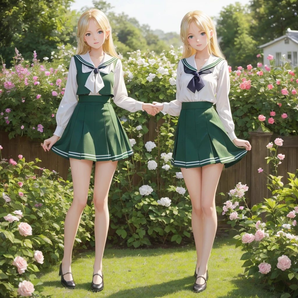 3 girls, long hair, Big , Blushing, blond, Green-eyed sailor suit short skirt 1933 style cute and beautiful girl 18 years old in the garden beautiful long legs high resolution, best quality, masterpiece, Lift skirt mini skirt take off clothes