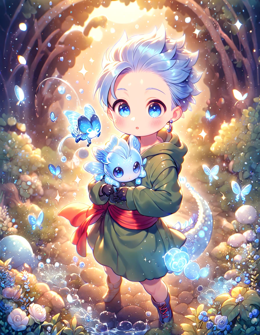 absurdres, highres, ultra detailed, HDR, master piece, best quality, extremely detailed, Erik as a kid, light-blue hair, hair slicked up, ruffled hair, expressive blue eyes, Dragon Quest XI, cute, boy hugging a baby dragon, hooded dark green tunic with lacing that exposes his chest, a red sash tied around his waist, golden earring, black gloves, fantasy, magic, sparkling, water, blue moon, blue flowers, blue butterflies, blue petals, garden