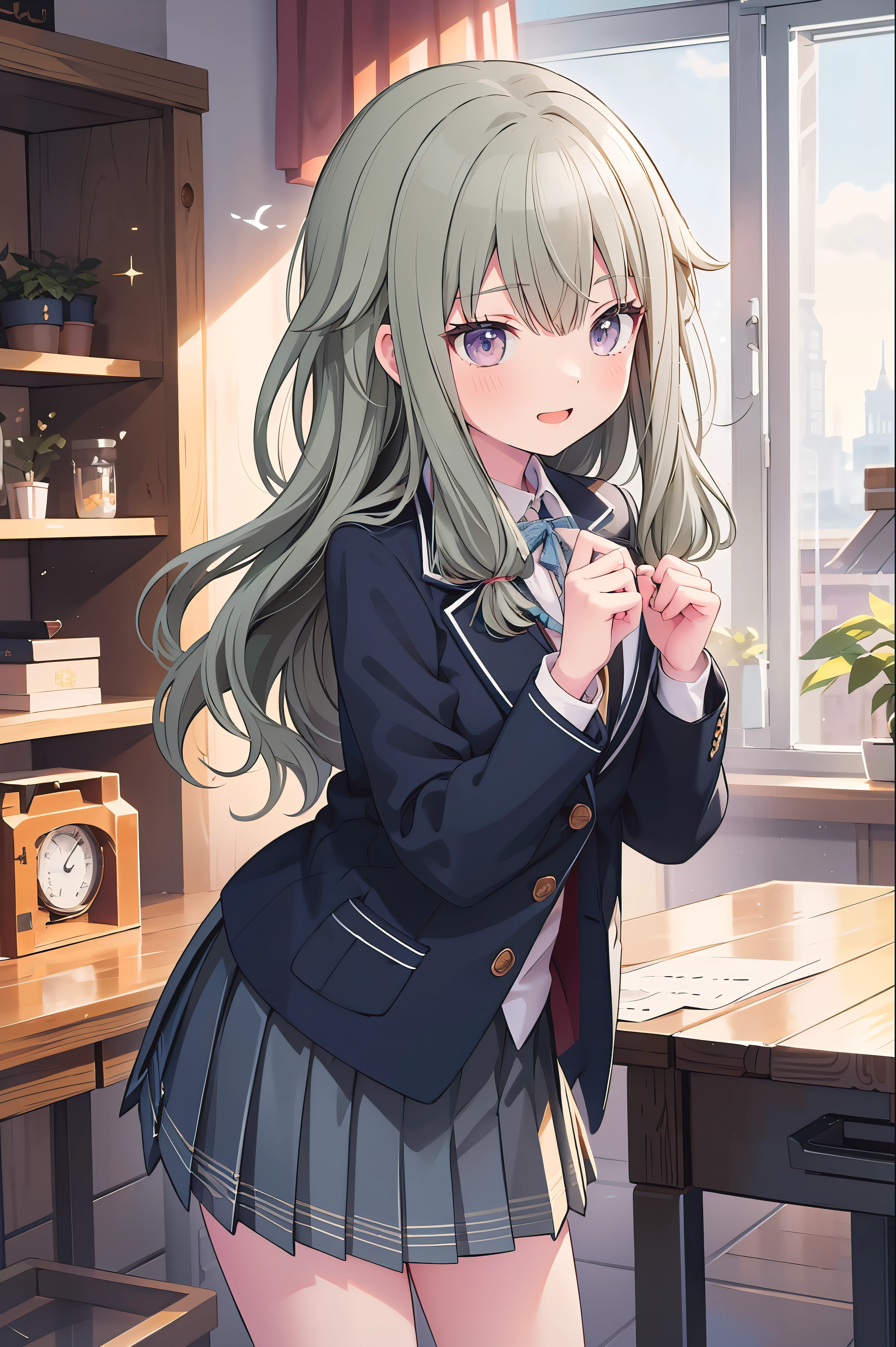 (8k, 最high quality)、Ultra-high resolution、adorable、最high quality, beautiful, (((Absurd beauty)))、masterpiece、Best image quality、(Front facing)、good feeling、smile,Face the camera、Delicate eyes、smile、Small face、girl、1 person、masterpiece, Most detailed、school uniform、blazer、high quality、Shiny Hair、Very fine and beautiful bright eyes、Medium chest、nose blush、Very detailed, clear and beautiful face, Awards, (Anatomically correct)