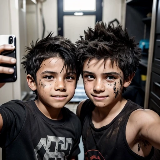 Two boys, covered in soot and with unkempt, spiky hair, taking a selfie after being caught in an explosion