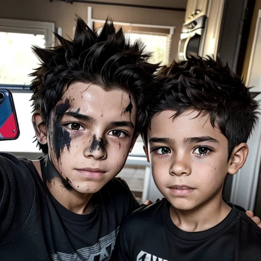 Two boys, covered in soot and with unkempt, spiky hair, taking a selfie after being caught in an explosion