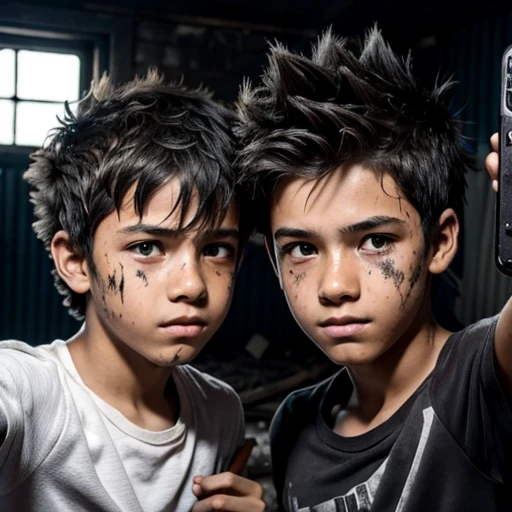 Two boys, covered in soot and with unkempt, spiky hair, taking a selfie after being caught in an explosion