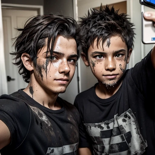 Two boys, covered in soot and with unkempt, spiky hair, taking a selfie after being caught in an explosion