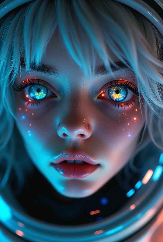 (Close-up of a better masterpiece:1.5)0.9], (Space and astronauts:1.2) (Messy silver hair:1.1) (Heterochromia xanthochromia and blue eyes:1.2) (Space Helmet:1.0) (Colored stars in the eyes:1.0) (A radiant glow:1.1) (thick lips:0.9)