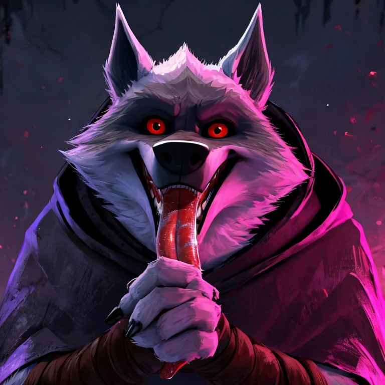 Death (Puss in Boots: The Last Wish), DreamWorks Animation, 2D, Looking at viewer, Open Mouth, Tongue Out, Long Tongue, Wide-Eyed, Wolf Ears, Anatomically Correct, Seductive Smile, Grabbing tongue with fingers, Saliva Trail, Raised Eyebrow, Oral Invitation, Simple background, Character Design, Illustration, High Resolution, Super Detailed, Textured Skin, Eye Level Shot, Single Shot, Medium Close Up