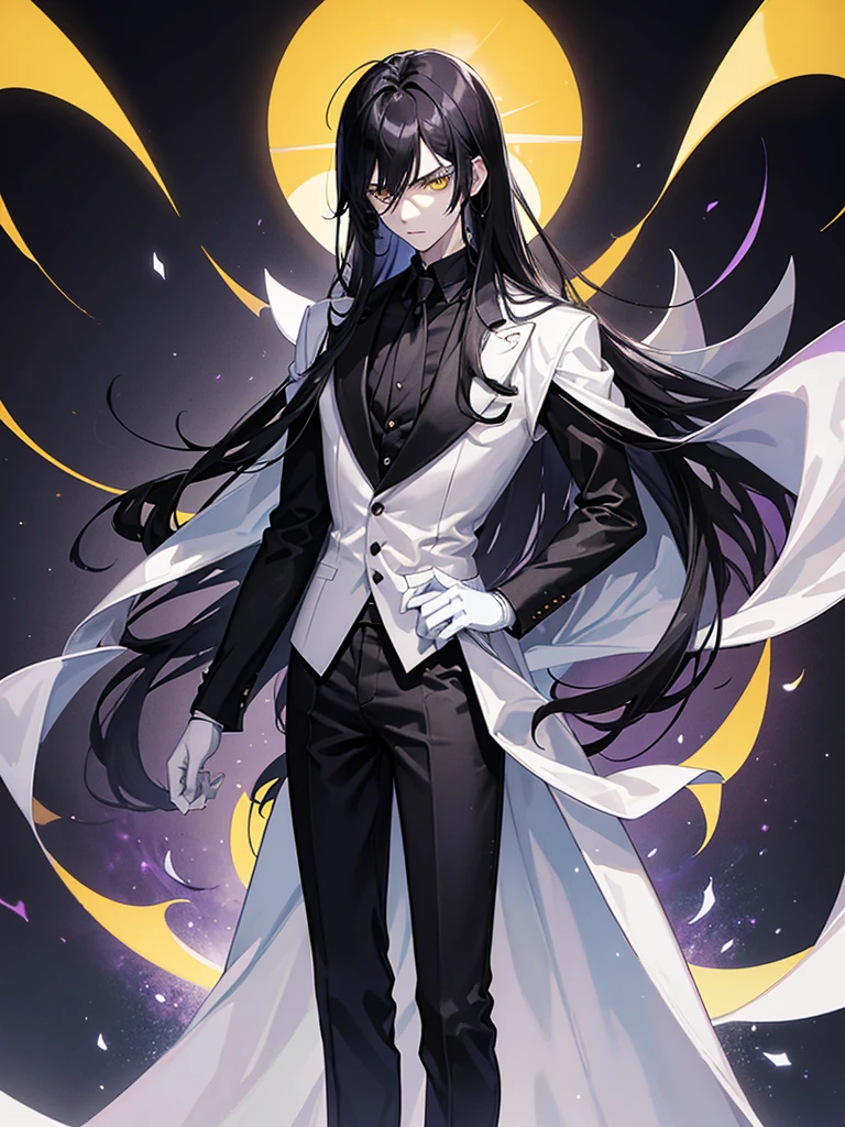 a serious and menacing 20-year-old man with pale skin, long, straight black hair reaching his shoulders, bright yellow eyes, wearing a white dress shirt and a detailed black vest, he wears gloves, the background of the image has a purple glow.