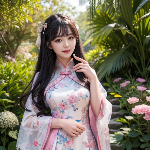 best quality, Delicate face，beautiful visual work, lifelike,  eternity, black hair, Long curly hair, blunt bangs, Smile, In the flower garden, flower, Detailed Background,  Delicate face，pink blush，cold，((masterpiece))、(top quality)、8k、high detail、Super detailed，21 years old female，Wearing Chinese cheongsam、Seductive and whimsical style、masterpiece、born、Scenes resembling fairy tale illustrations、Intricate details and complex designs、Beautifully、magic、capricious、 Beautifully、Dream aesthetics、「𝓡𝓸𝓶𝓪𝓷𝓽𝓲𝓬、ethereal、charming、fickle、magic」、Realism、Visual effects、FXAA、SSAO、Shaders、voiceless、ambient lighting、Tone mapping、High resolution、Ultra high quality、Million pixels、(8K resolution:1.10)、8k、Below 8K、8K resolution、high detail、intricate details， (high quality:1.2、masterpiece:1.2、:1.21)、(21 years old female:1.21)、(Smile excitedly)、(Surrounded by the dreamy atmosphere、Model diagram，full-body shot，Normal 2 feet，Don't show your fingers