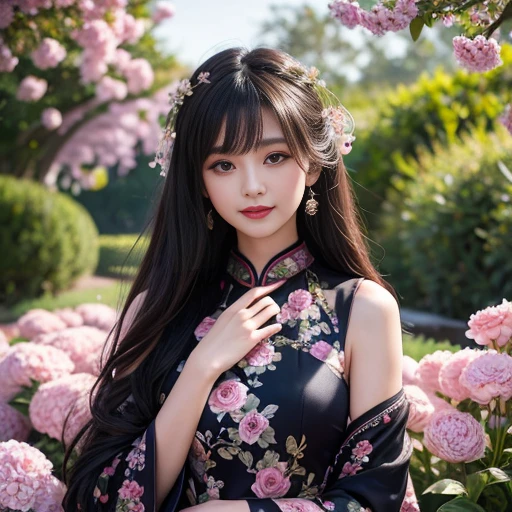 best quality, Delicate face,beautiful visual work, lifelike, eternity, black hair, Long curly hair, blunt bangs, Smile, In the flower garden, flower, Detailed Background, Delicate face,pink blush,cold,((masterpiece))、(top quality)、8k、high detail、Super detailed,21 years old female,Wearing Chinese cheongsam、Seductive and whimsical style、masterpiece、born、Scenes resembling fairy tale illustrations、Intricate details and complex designs、Beautifully、magic、capricious、 Beautifully、Dream aesthetics、「𝓡𝓸𝓶𝓪𝓷𝓽𝓲𝓬、ethereal、charming、fickle、magic」、Realism、Visual effects、FXAA、SSAO、Shaders、voiceless、ambient lighting、Tone mapping、High resolution、Ultra high quality、Million pixels、(8K resolution:1.10)、8k、Below 8K、8K resolution、high detail、intricate details, (high quality:1.2、masterpiece:1.2、:1.21)、(21 years old female:1.21)、(Smile excitedly)、(Surrounded by the dreamy atmosphere、Model diagram,full-body shot,Normal 2 feet,Don't show your fingers
