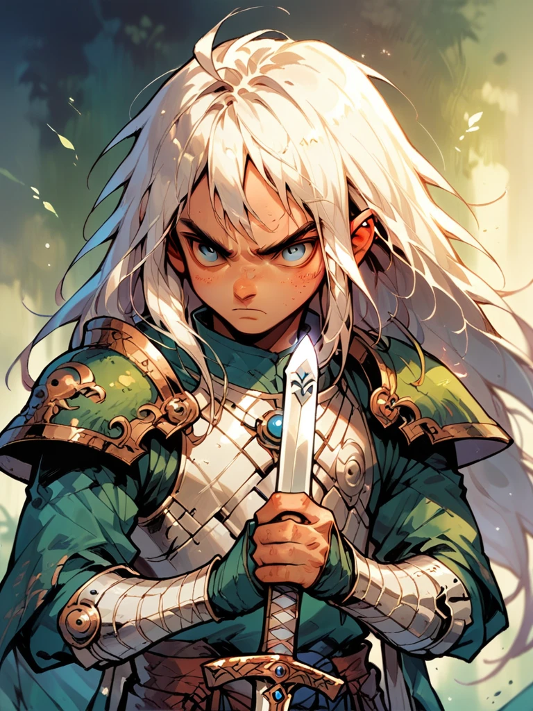 score_9, score_8_up, score_7_up, score_6_up, solo, 1 boy, kid, long hair, white hair, wearing bones shoulder armor, pauldrons, holding a sword, g4n1m3,