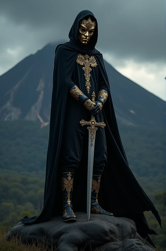 a 25 year old Indonesian man wearing a black robe covering his head with a gold mask with a very intricate motif, black boots with very intricate patterns standing holding a sword while his feet step on a demon figure that is lying on the ground. background of mount merapi, the night, and a very creepy atmosphere.hyper realistic macro, very detailed and clear objects, Ultra HD 32K 