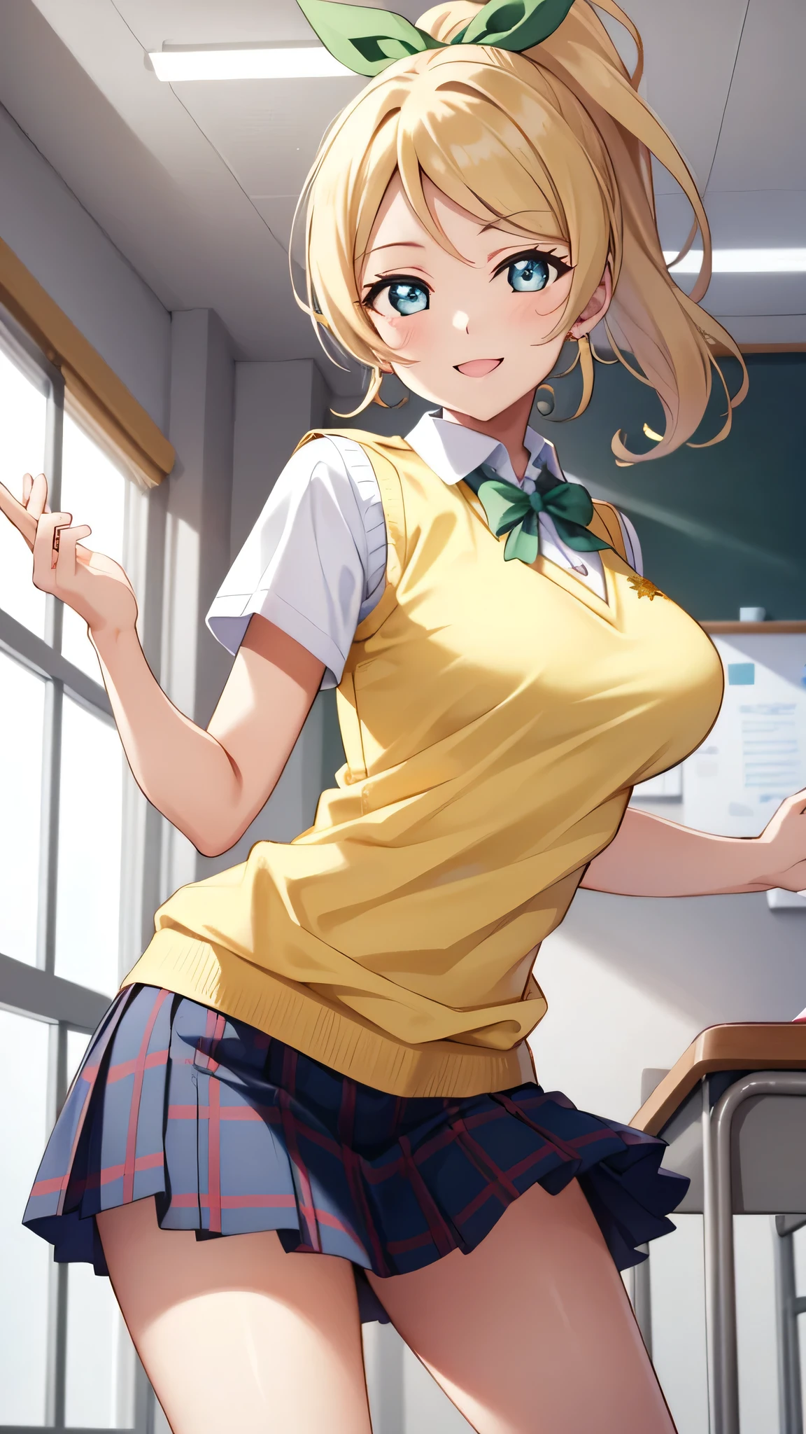 {{{masterpiece}}}, {{{best quality}}}, {{ultra-detailed}}, {illustration}, {{an extremely delicate and beautiful}}, (beautiful detailed eyes:1.6), extremely detailed face, 16k, anime face, ayase eli(lovelive!), cute face, blonde hair, blue eyes, ponytail, white hair ribbon, big breasts, thin waist, big hips, curvaceous, {otonokizaka school uniform}, summer uniform, white shirt, short sleeves, green ribbon tie, sweater vest, (yellow sweater vest:1.5), plaid skirt, pleated skirt, blue skirt, red check, BREAK, kyoushitsu, classroom, indoors, school chair, school desk, chalkboard, window, ceiling light, curtains, jump, jumping, smiling, peer in from below, looking at viewer, daytime