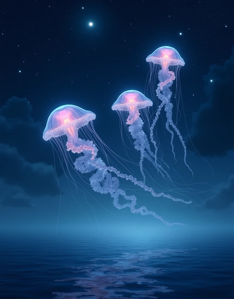 Create a photorealistic image of jellyfish floating gracefully in a starry night sky above the calm sea with a little wave. The jellyfish should have translucent, glowing bodies, with their long, flowing tentacles drifting gently in the cosmic space. The stars in the background should be bright and twinkling, with varying sizes and intensities. The scene should capture the ethereal and surreal beauty of these creatures as they drift silently in the vastness of the night sky.