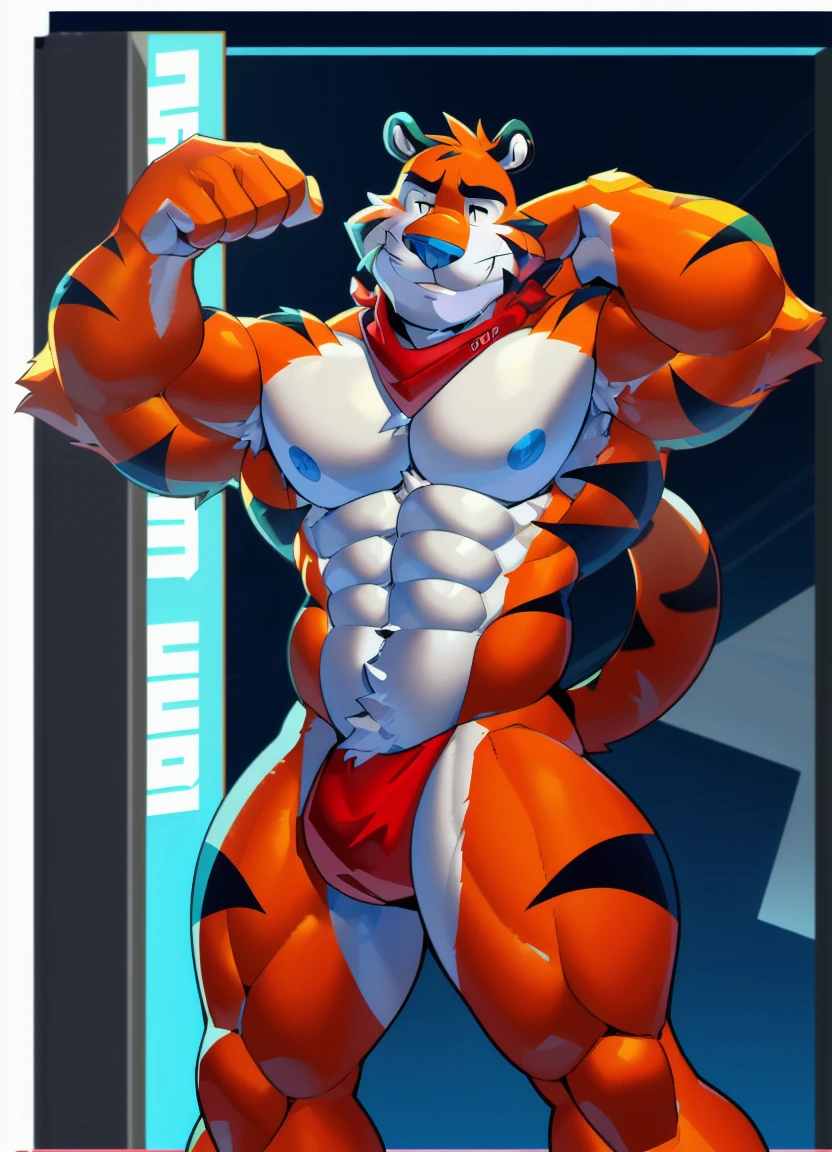 tony the tiger, full body,score_9, score_8_up, score_7_up, score_6_up, score_5_up, score_4_up,((tony_tiger (kellogg's),tiger,male furry)),white eyes, (pose:1.3), (posing:1.3), (soft shading), 4k, hi res, five fingers, detailed hands, ((detailed face, (detailed eyes:1.3), detailed)), (((full body))),show legs,show feet,(by takahirosi:1.5), solo, looking at viewer, 1boy,middle aged, standing, male focus,((topless,bottomless)), abs, biceps, flexing, smile,