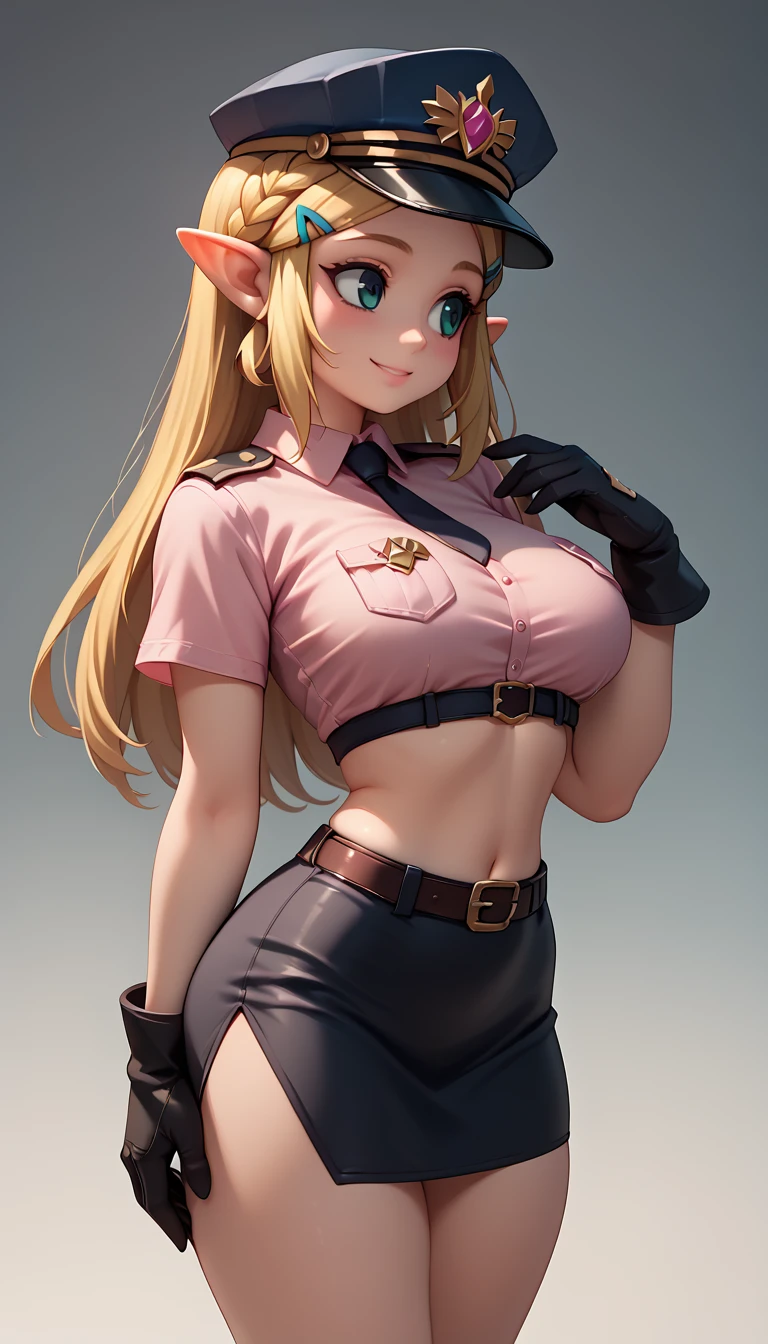 High resolution, Very detailed, perfect lighting, beautiful detailed eyes, ((masterpiece,Best Quality)), absurdities, alone, princess zelda, by the width, crown braid, Hair clip, pointy ears, Gloves without fingers, black gloves, smile, curves, nod, , deep neckline, deep neckline, sexy pink police costume, touching her breasts in a sexy way, close up, looking ahead, tight short skirt, pink cropped fitted shirt, police hat, look ahead