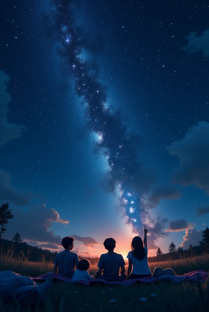 Imagine a vast night sky, with a multitude of stars shining brightly, creating a tapestry of ling lights. The Milky Way stretches like a luminous band, its stars forming a dazzling pattern. Meteors streak across the sky in rapid trajectories, leaving ephemeral trails of light that briefly illuminate the darkness. down, a group of people are lying on blankets or lounge chairs, looking up with expressions of awe and wonder. Some of them are pointing at meteors, while others simply contemplate the splendor of the cosmos, amazed by the beauty of the universe. The atmosphere is one of charm and inspiration., with murmurs of enthusiasm and enchantment permeating the atmosphere.