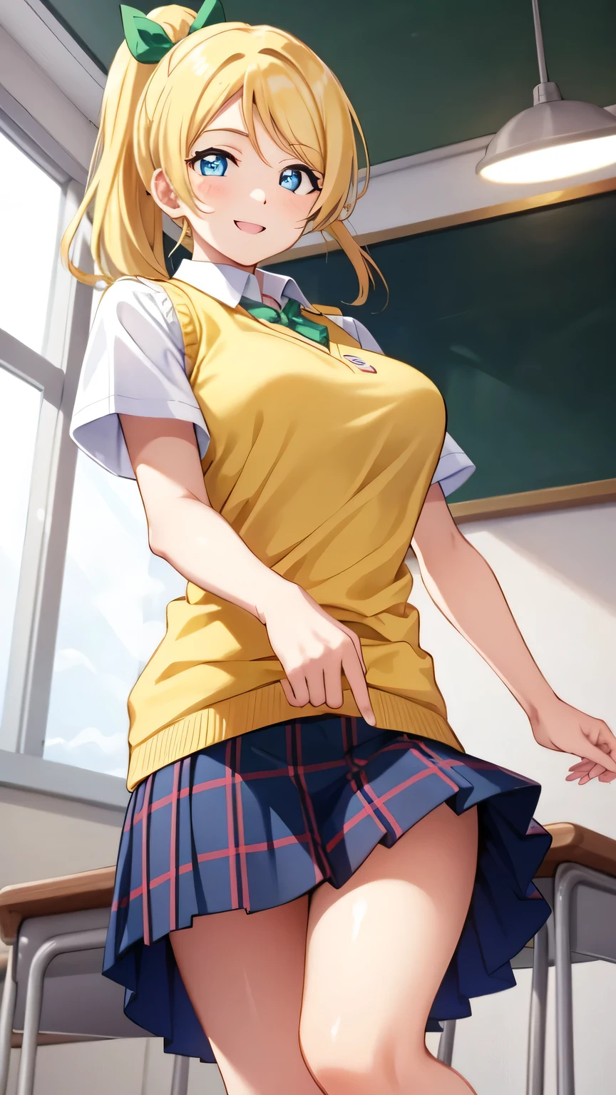 {{{masterpiece}}}, {{{best quality}}}, {{ultra-detailed}}, {illustration}, {{an extremely delicate and beautiful}}, (beautiful detailed eyes:1.6), extremely detailed face, 16k, anime face, ayase eli(lovelive!), cute face, blonde hair, blue eyes, ponytail, white hair ribbon, big breasts, thin waist, big hips, curvaceous, {otonokizaka school uniform}, summer uniform, white shirt, short sleeves, green ribbon tie, sweater vest, (yellow sweater vest:1.5), plaid skirt, pleated skirt, blue skirt, red check, BREAK, kyoushitsu, classroom, indoors, school chair, school desk, chalkboard, window, ceiling light, curtains, jump, jumping, smiling, peer in from below, looking at viewer, daytime