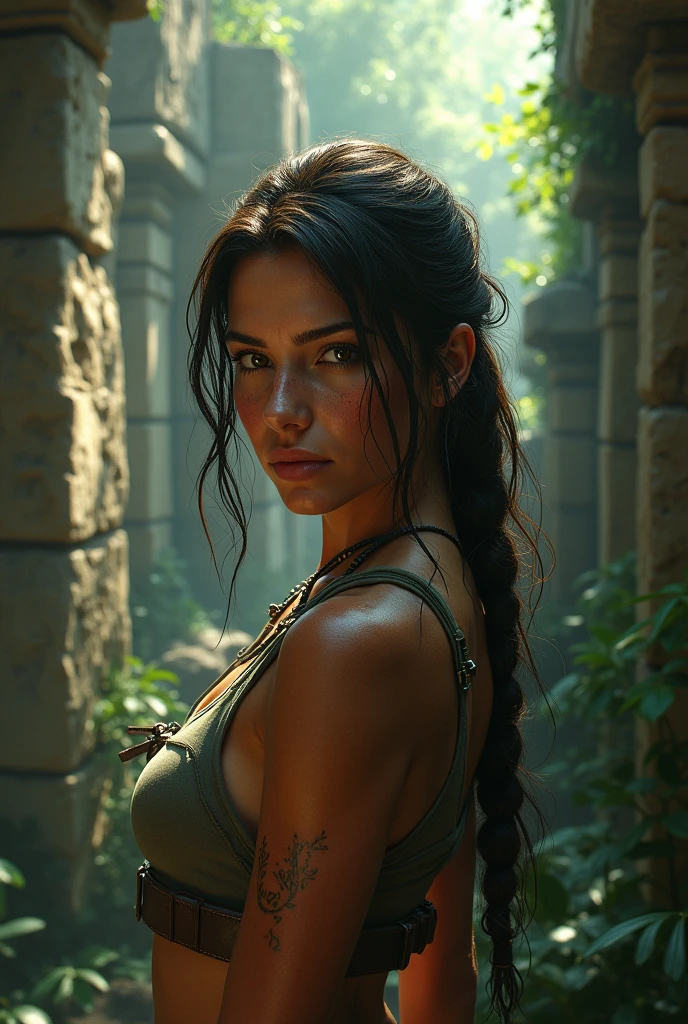 An adventurous scene unfolds as Lara Croft, the iconic Tomb Raider, captured exploring the mysterious and ancient Mayan ruins. The scene bathed in vibrant colors, capturing the essence of the exotic location.
To ensure the highest quality and level of detail, the prompt should begin with "(best quality, 4k, 8k, highres, masterpiece:1.2), ultra-detailed, (realistic, photorealistic, photo-realistic:1.37)," emphasizing the desire for a visually stunning and realistic representation of the scene.
Lara Croft prominently featured as the central focus of the artwork, capturing her strong and determined character. Her piercing and mesmerizing gaze described as "intense, focused eyes," drawing attention to her beautiful and detailed eyes. Her facial features, including "well-defined nose" and "full lips," are highlighted to ensure accuracy and avoid any unintentional distortions.
The ruins themselves are depicted with grandeur and allure. The prompt should include tags to describe the textures and materials used, such as "ancient stone structures" and "vividly weathered walls." The scene should be flooded with an enchanting, natural light, casting intriguing shadows and illuminating intricate carvings and hieroglyphics.
Incorporate various additional details to enhance the depth and atmosphere of the artwork, such as "dense jungle foliage," "dripping moss," or "glimmers of hidden treasure." These additional details will enrich the overall composition, offering a sense of intrigue and discovery.
To align with the adventurous spirit of Tomb Raider, the prompt could encompass an artistic style that imbues a sense of realism and wonder. Consider adding the tag "semi-realistic" ontastical realism" to convey a balance between reality and the magical elements present in the scene.
Choose a color palette that complements the environment and the character of Lara Croft. Color tags such as "earthy tones," "rich greens," or "sun-kissed hues" will contribute to the immersive