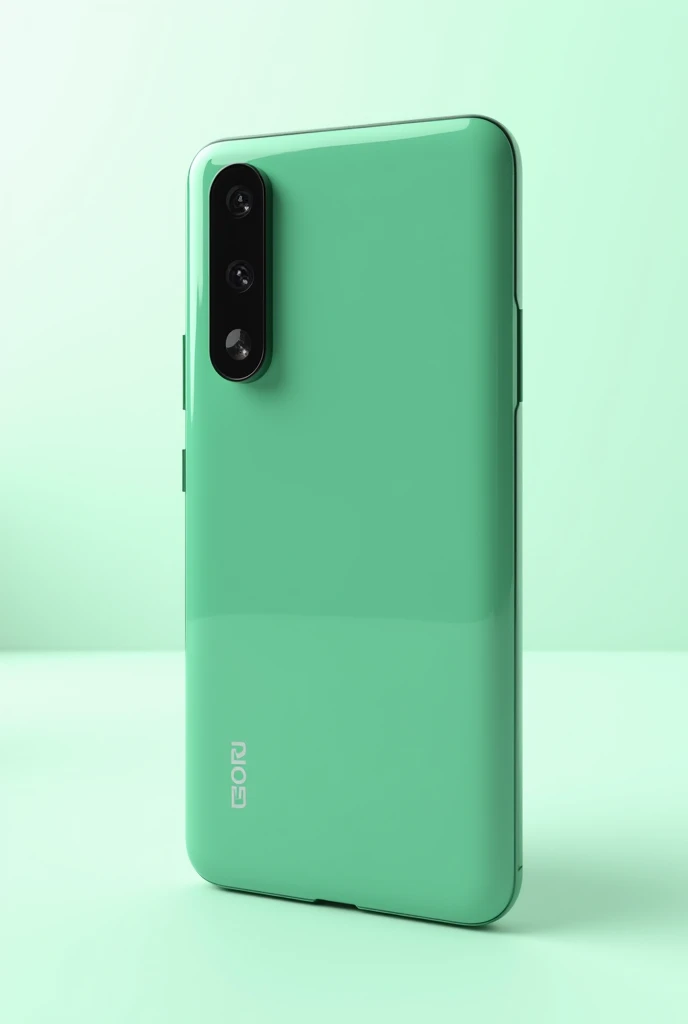 Agreen cellphone with a vertical camera, standing upright against a plain white background.