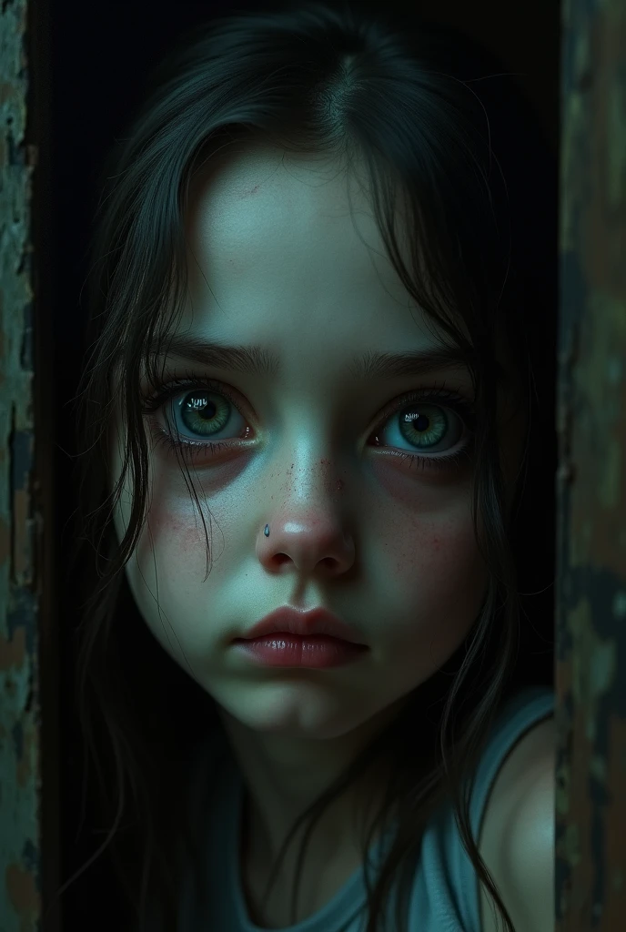 Scary and horror girl with her big and scary eyes looks very close