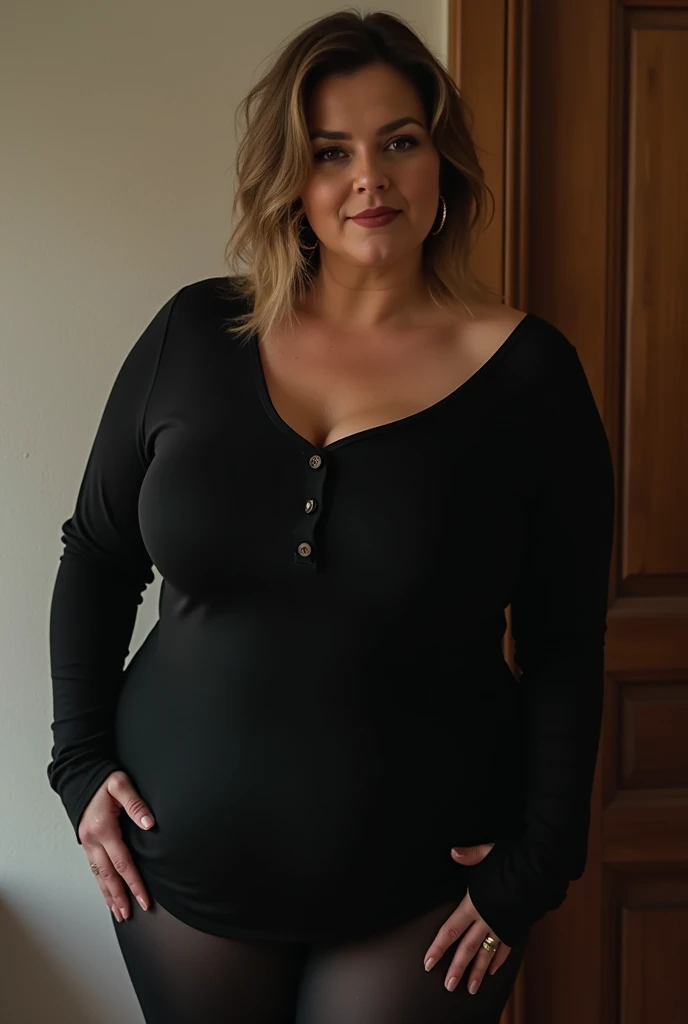 1girl in, 50 yo, from italy very pretty sexy well-groomed woman big breasts jumbo short hair sexy pose fat body glamur perfect breast hair black plus sizebody black tight sweater, blowjob