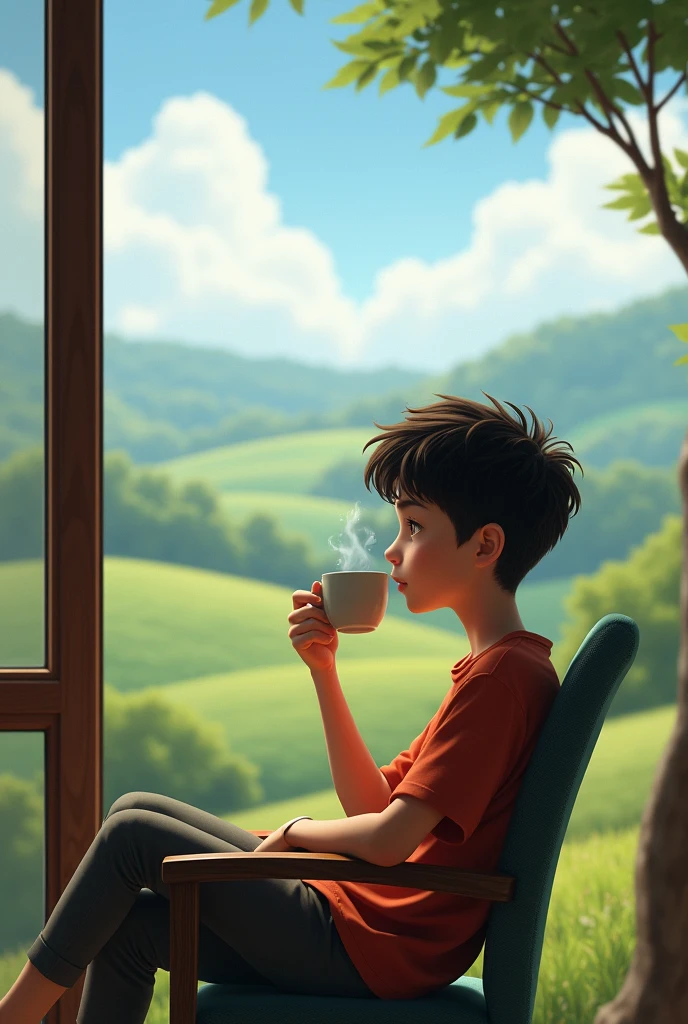 A age boy sits on a chair drinking coffee with a very calm and cool rural view.