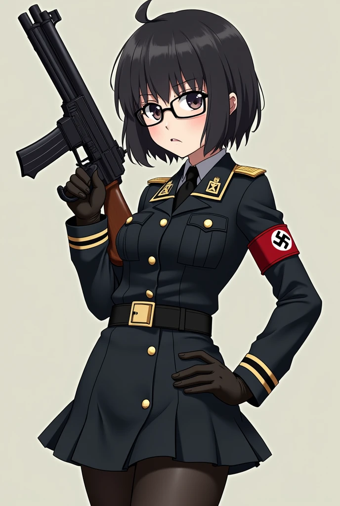 anime girl, short black hair with bangs, big tights, small waist, with glasses, wearing a nazi uniform ,holding a gun
