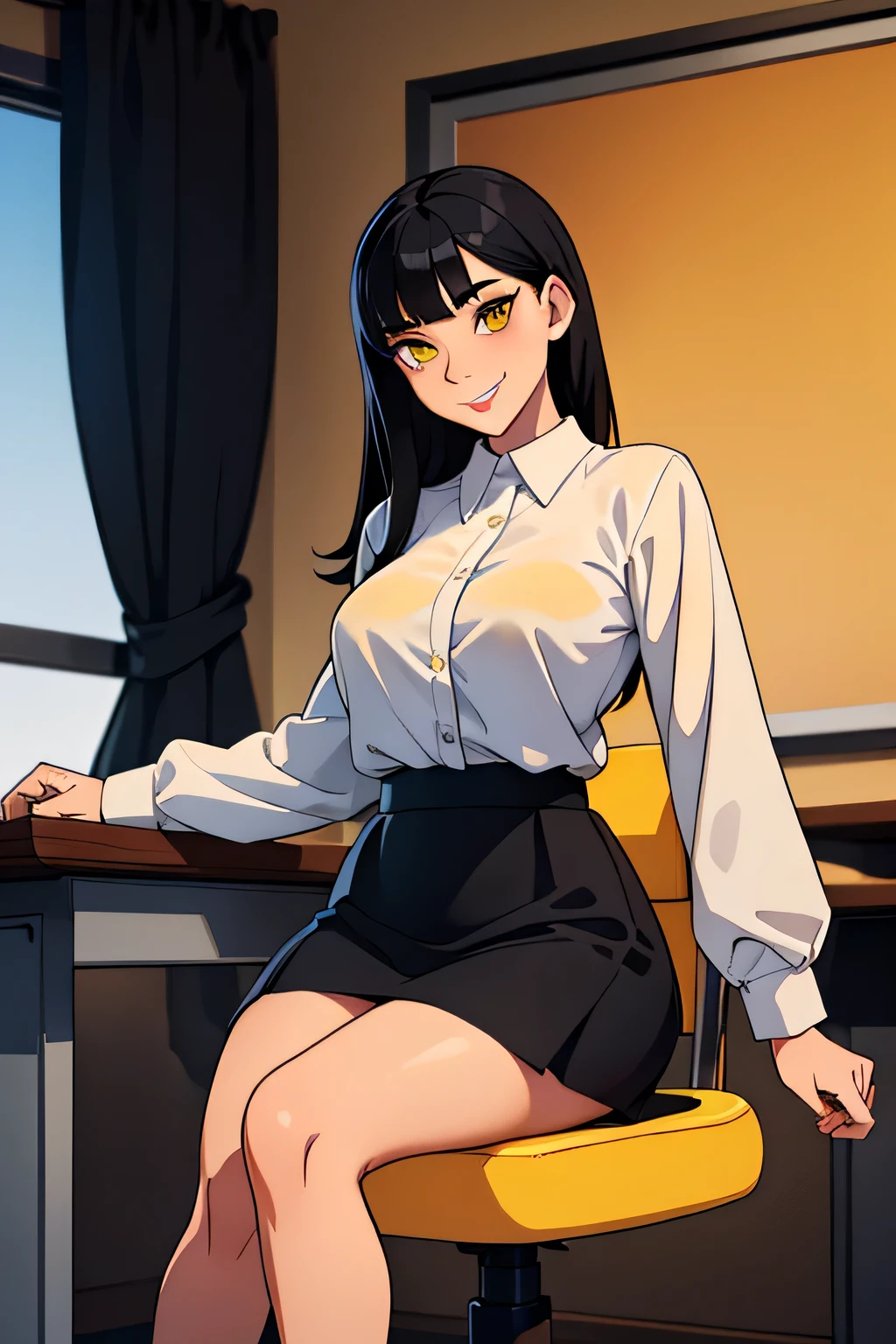a one woman , white  shirt, black miniskirt ,blackstockings. (((big straight black hair))), ((( sitting on the chair ))), (((yellow  eyes))), smiling facial expression, class room,