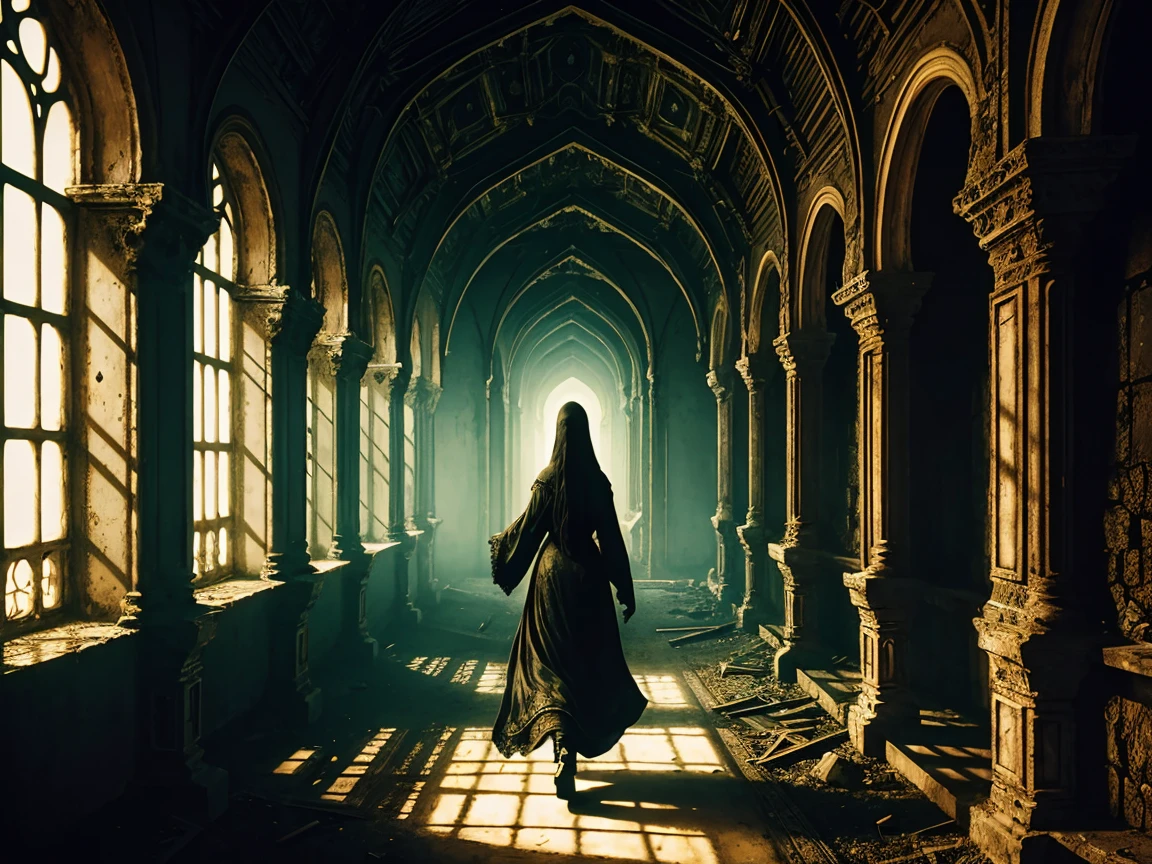 close up view of a (sks woman:1) walking inside an abandoned castle, horror, intricate details, high contrast, (artwork by Beksinski, methurlant),