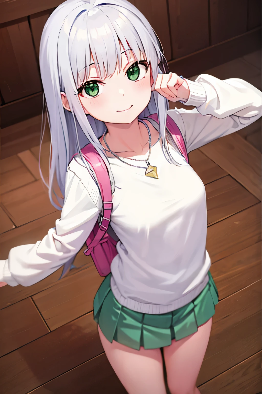 Long silver hair, green eyes, headband, necklace, flat breast, smile, happy, sweater, mini skirt, beautiful thighs, inside house, Randoseru, backpack, look up, point of view from above