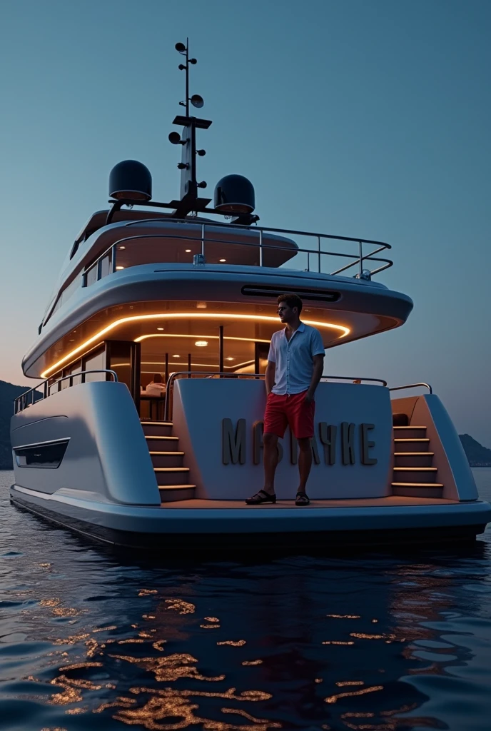 Sunseeker yacht named Mastache at night with young man in white shirt, red swim shorts and aviator sunglasses 