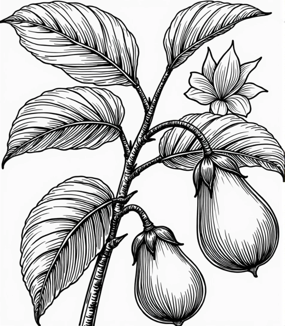 detailed, black and white botanical illustration of an eggplant plant. The image should prominently feature the plant's large leaves, a clearly defined eggplant flower flower star shaped 5 petals, and two eggplants. The style should resemble a vintage botanical drawing with light line work and minimal black shading, focusing on capturing the delicate details of the flower and the natural elements without heavy shadows
