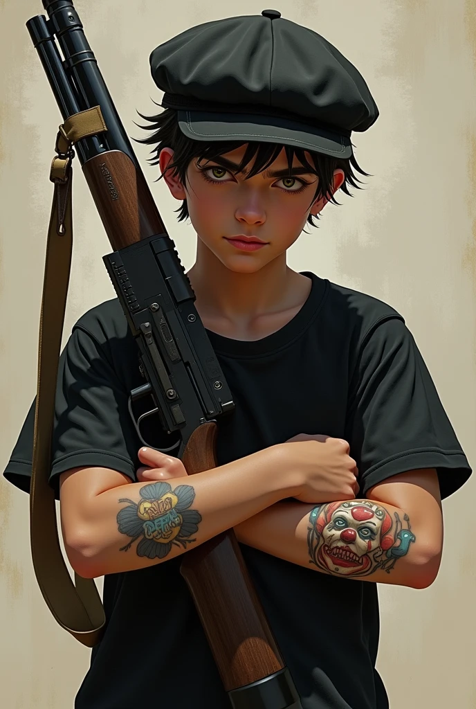 Boy in black t-shirt with flat-brimmed cap with a rifle with clown tattooed arm